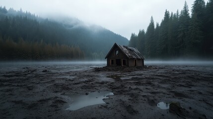 Cabin devastated by mudslide near misty lakeside