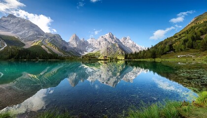 Fototapeta premium majestic mountains with a crystal clear lake reflecting their peaks