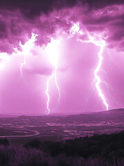Purple lightning bolts striking over a dramatic landscape, representing power, energy, and intensity in a vibrant, natural display of force and strength