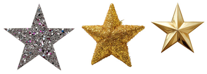 Shimmering and glittering stars with varying textures and colors on black background isolated transparent png