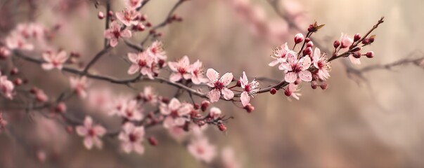 Obraz premium Delicate pink cherry blossoms unfurl on a branch in soft natural light.
