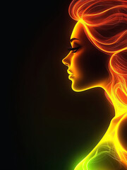A profile of a woman with vivid fiery flowing hair, expressing the abstract themes of passion, energy, and power in a conceptual creative design