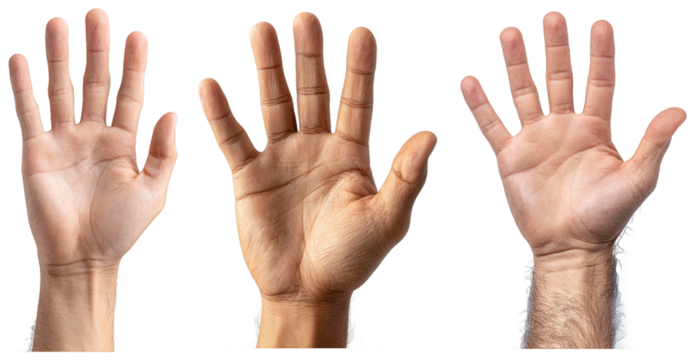 Diverse hands raised in greeting or attention, showcasing different skin tones and textures, against a black background, capturing curiosity, engagement, and unity isolated transparent png
