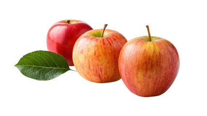 Three fresh apples with a green leaf isolated on transparent background