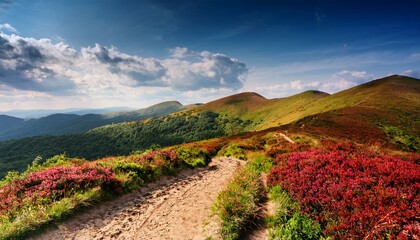 scenic landscape in bieszczady mountains featuring winding dirt path through vibrant greenery and red bushes under a partly cloudy sky perfect for outdoor activities