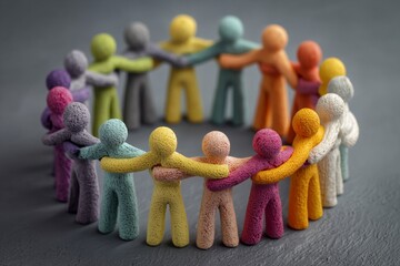 Colorful Plasticine Figures Hugging in a Circle Representing Unity and Friendship