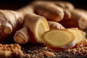 Close-up view of fresh ginger root and slices revealing vibrant textures