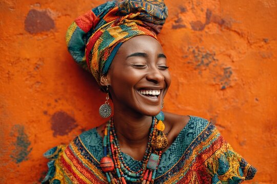 Glad Woman Celebrating Black History Month in Colorful Traditional Attire