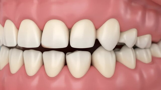 Detailed 3D illustration showing the progression of human tooth alignment from crooked to perfectly straight, demonstrating orthodontic correction and ideal dental health.