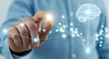 Hand interacting with digital network and brain illustration on a light blue background