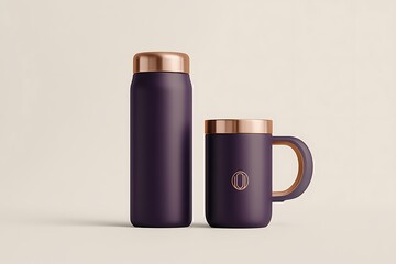 Dark purple insulated bottle and mug with rose gold accents showcase stylish hydration on a simple background.