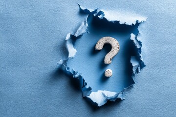 Queer Question Mark Peeking Through a Torn Hole in Blue Paper