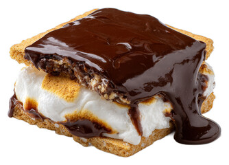 Closeup of a decadent s'mores dessert with melted chocolate, roasted marshmallow filling, and a crunchy graham cracker base, evoking warmth and indulgence isolated transparent png