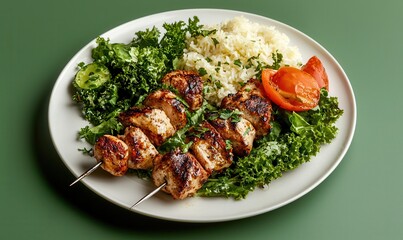 Savory grilled kebabs served with fresh greens and rice on a stylish plate