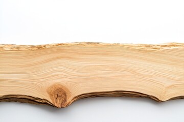 Closeup of natural wooden slab with curved edge, visible grain texture, and knot detail