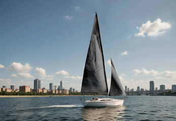 Sailboat sailing on sea with black sails, ai generated