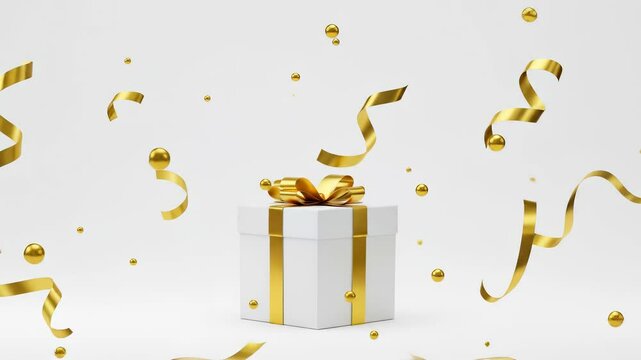 Animated surprise with elegant white gift box revealing golden confetti and ribbons on a clean white background, perfect for celebrations.