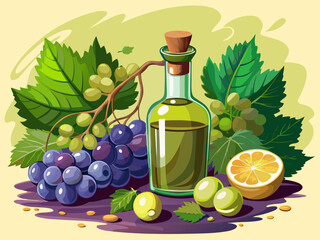 vector of Artistic still life of organic grape seed oil in a bottle in a door surrounded by grapes and green leaves on a table. Simple and clear background.