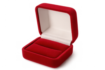 Empty open red velvet ring box waiting for a precious engagement or wedding rings on transparent background