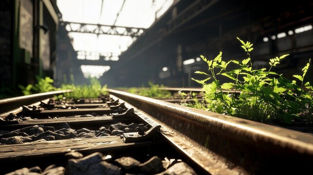 Abandoned train tracks with green plants growing