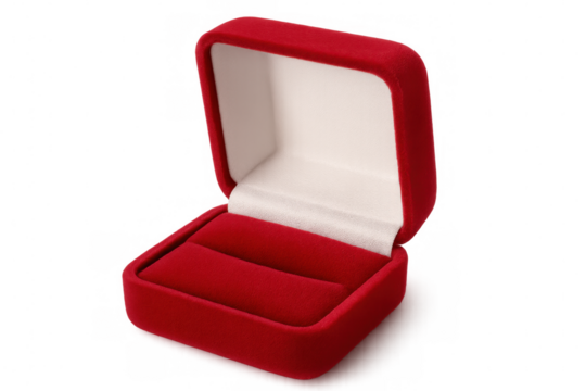 Empty open red velvet ring box waiting for a precious engagement or wedding rings on transparent background