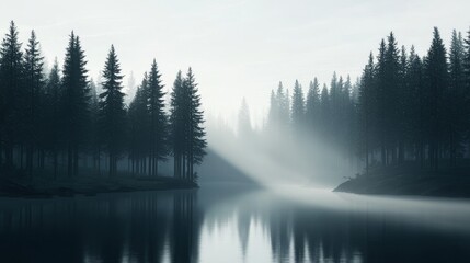 Fototapeta premium Misty forest with sunbeams reflecting on the water at dawn