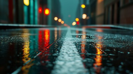 Wet city street at night with reflections and rain