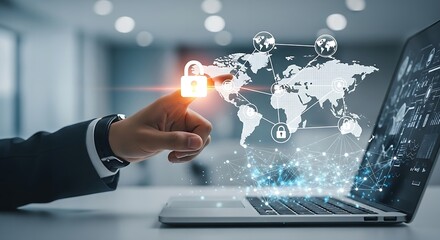 Hand touching a digital padlock on a laptop screen with world map and data visualizations displayed