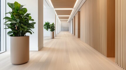 Modern hallway with potted plants and wood-paneled walls