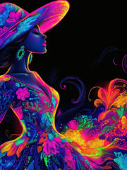 A neon portrait of a Mexican folkloric dancer in traditional clothing and a sombrero dancing a cultural dance in Mexico during Day of the Dead holiday