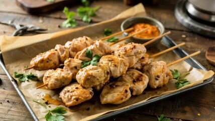 Fototapeta premium Grilled chicken skewers on a wooden table. The kebabs are seasoned with herbs and spices. There is a small plate of sauce on the edge of the tray. There are a few sprigs of fresh parsley around. 
