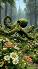 Fototapeta premium A fantastical octopus entirely made of realistic grass, moss, and small wildflowers, blending seamlessly with the lush forest environment. This eco-inspired creature features detailed textures, natura