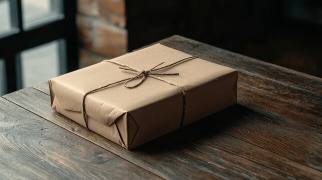 Gift parcel wrapped in brown paper and tied with twine sits on a wooden table