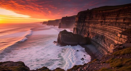 Cliffs of Moher coast during a vibrant sunset. The scene showcases dramatic cliffs and a stunning view of the ocean with beautiful light from the setting sun