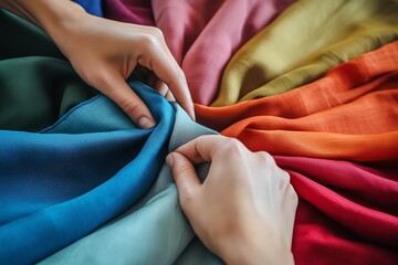 A close-up of hands holding and examining different fabrics, showcasing the variety in colors and textures,
