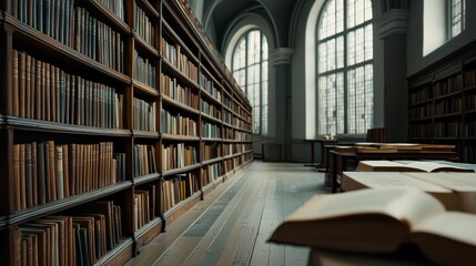 Library interior with tall bookshelves and arched windows