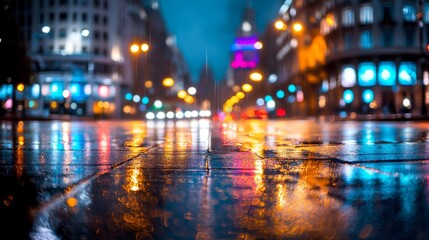 Rainy city street at night reflecting colorful lights