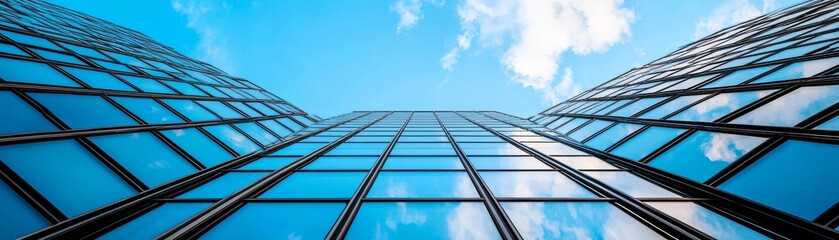 Modern glass skyscraper reflecting blue sky and clouds.