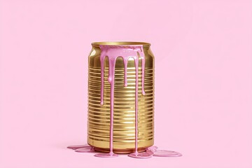 A photograph of a gold-colored can with pink-colored milk, dripping.