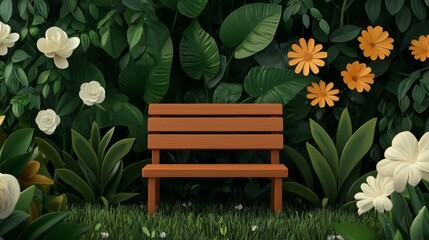 Wooden bench surrounded by lush green foliage and blooming flowers