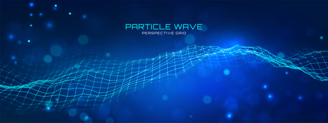 Tech wave AI data pattern with futuristic blue abstract background and light dots. Cyber network of 3D particles and connecting vector lines in digital mesh. Quantum fractal technology. © RDVector