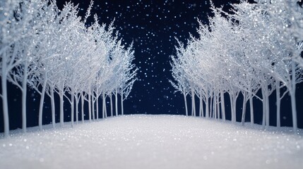 Winter trees dusted with frost against a dark, starry night.