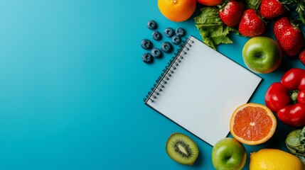 Fresh fruits and vegetables arranged around a blank notebook on a blue background