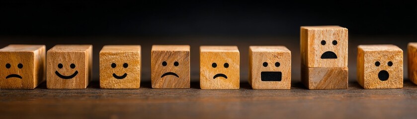 Wooden blocks display different facial expressions on a dark wooden surface.