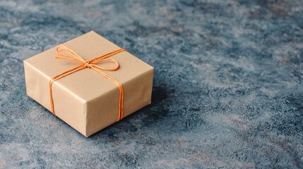 Gift box tied with orange twine on a textured surface.