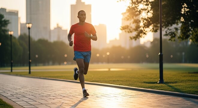 Man jogging in city park at sunrise