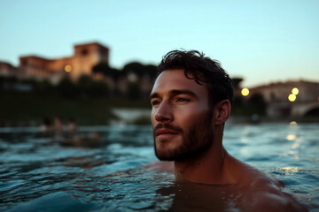 Portrait of attractive man swimming at sunset with historical city skyline in the background