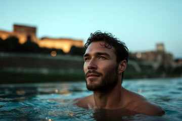 Portrait of attractive man swimming at sunset with historical city skyline in the background