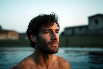 Portrait of attractive man swimming at sunset with historical city skyline in the background