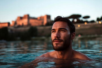 Portrait of attractive man swimming at sunset with historical city skyline in the background